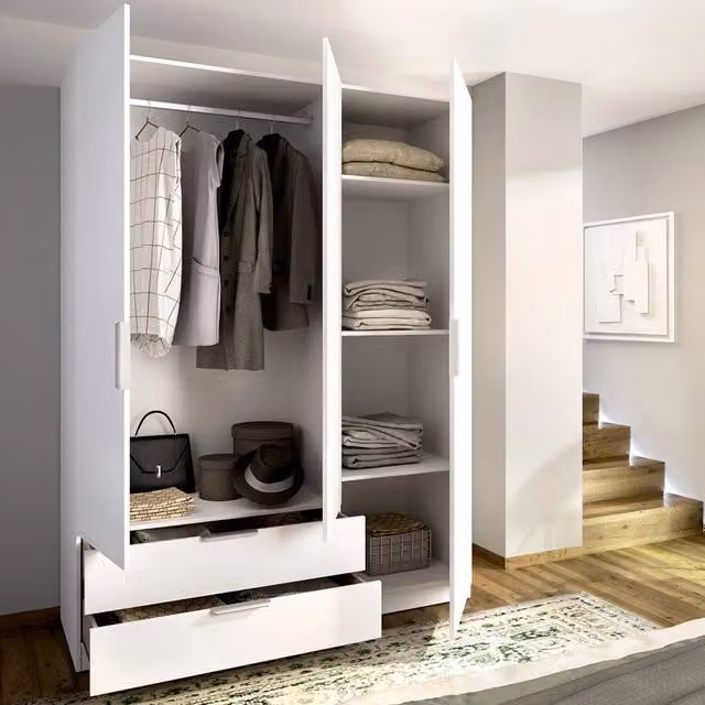 Armadio da camera da letto DMORA moderno con ante a battente e cassetti integrati, Bianco opaco, L: 137 cm, P: 51 cm, H: 51 cm