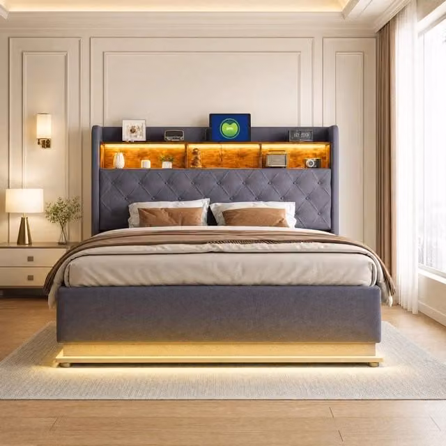 Letto imbottito ULEVR 180x200 cm con contenitore idraulico, LED multicolore e porta USB, grigio