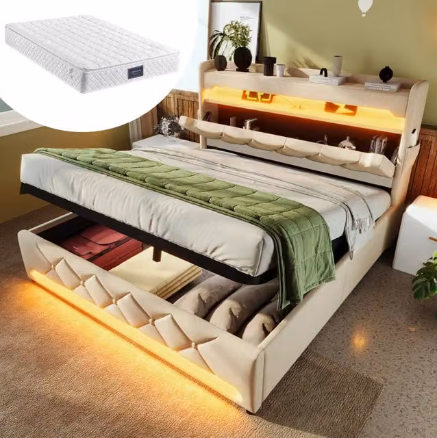 Letto matrimoniale 160x200 cm con contenitore; LED; porte USB-C e materasso; beige