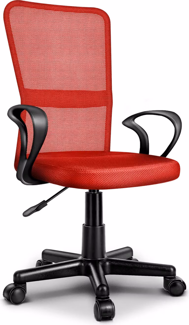 TRESKO sedia da ufficio rossa sedia da scrivania girevole, con braccioli e rotelle in plastica, regolabile in altezza in continuo, sedile imbottito, ergonomica