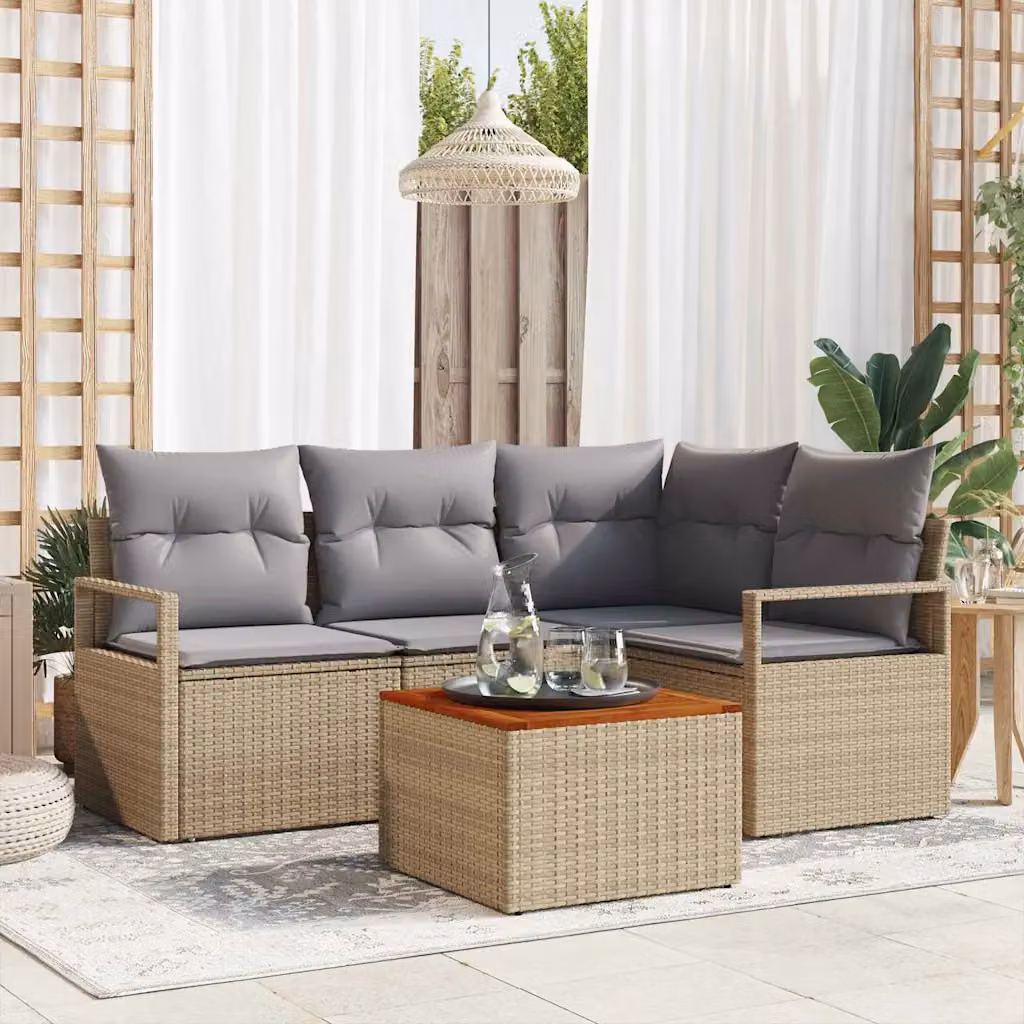 Set Divano da Giardino vidaXL 5 Pezzi a Forma di L Beige con Cuscini e Tavolino in Polyrattan e Acciaio