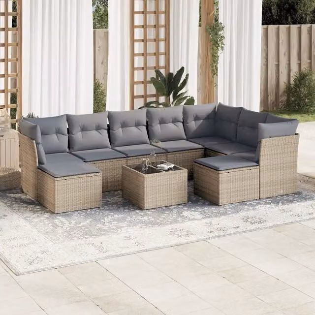 Set Divano da Giardino 10 pz con Cuscini Beige in Polyrattan 3218579