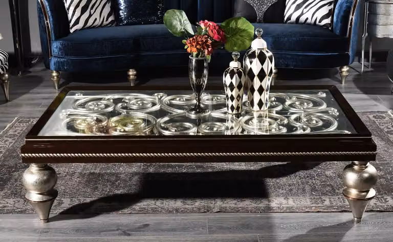 Casa Padrino Tavolino barocco marrone scuro / argento antico 167 x 92 x h. 48 cm - Magnifico tavolino da salotto in legno massiccio con piano in vetro - Qualità eccellente