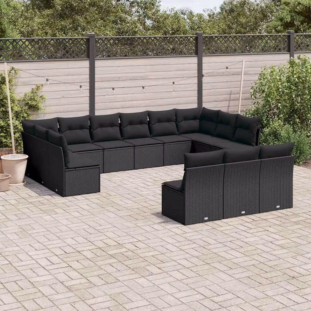 Set di divani da giardino vidaXL a forma di U in polyrattan nero con cuscini inclusi – 1