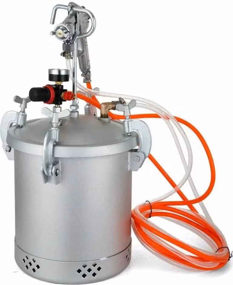 Sistema di verniciatura a spruzzo da 10 litri - Serbatoio a pressione con pistola a spruzzo - Pressione: 45–60 PSI - Adatto per vernici a base d'acqua, impregnanti e vernici - Per interni ed esterni - Colore: argento