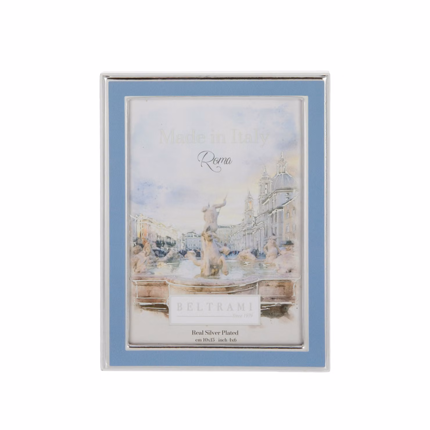 Portafoto Beltrami in metallo smaltato silver e blue, modello classico rettangolare da tavolo per foto 10x15 cm – 2