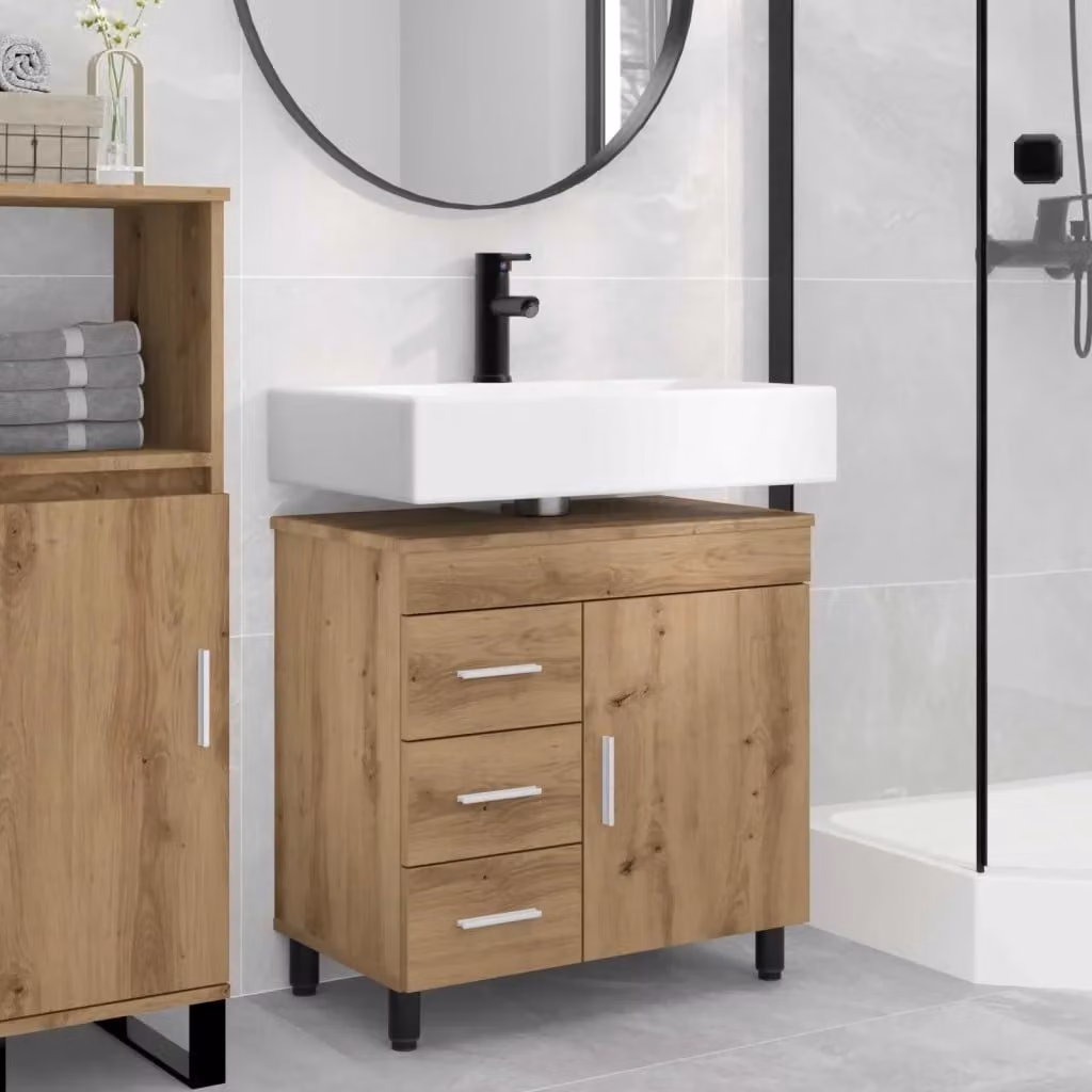 Mobiletto da Bagno Moderno in Legno Rovere Marrone con Ante e Cassetti L/P/H: 60 x 35 x 60 cm