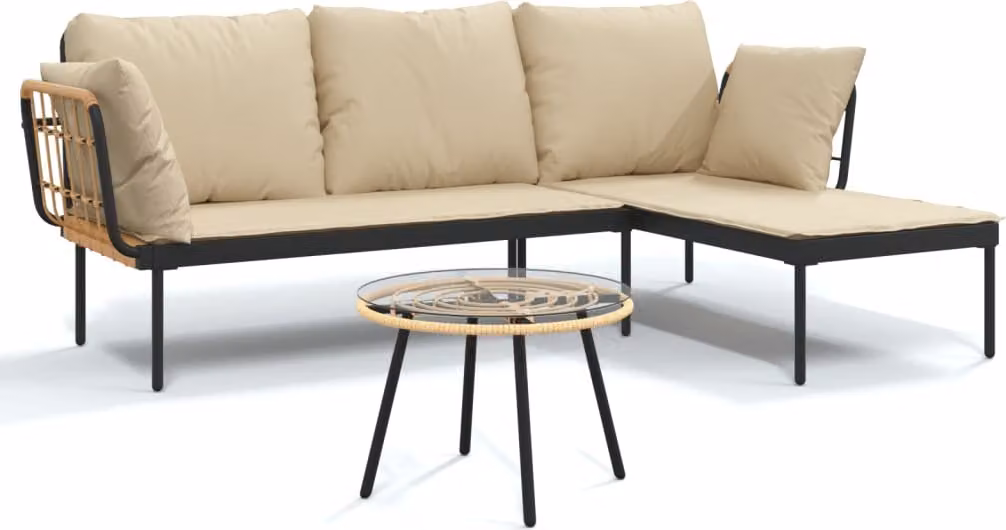 Set Salotto da Giardino 3 pz con Cuscini Beige in Polyrattan