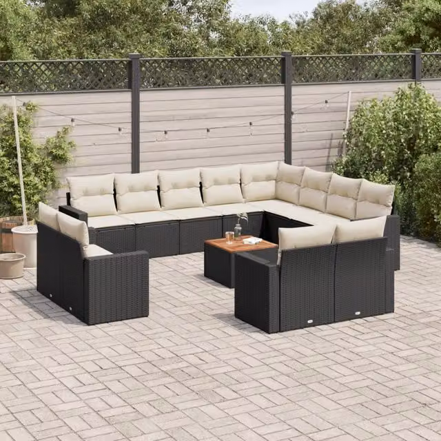 Set di Divani da Giardino a Forma di U vidaXL in Polyrattan Nero con Cuscini e Tavolino da Esterno – 1