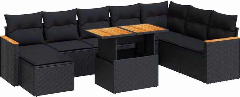 Set Divani da Giardino 9 pz con Cuscini Nero Polyrattan Acacia