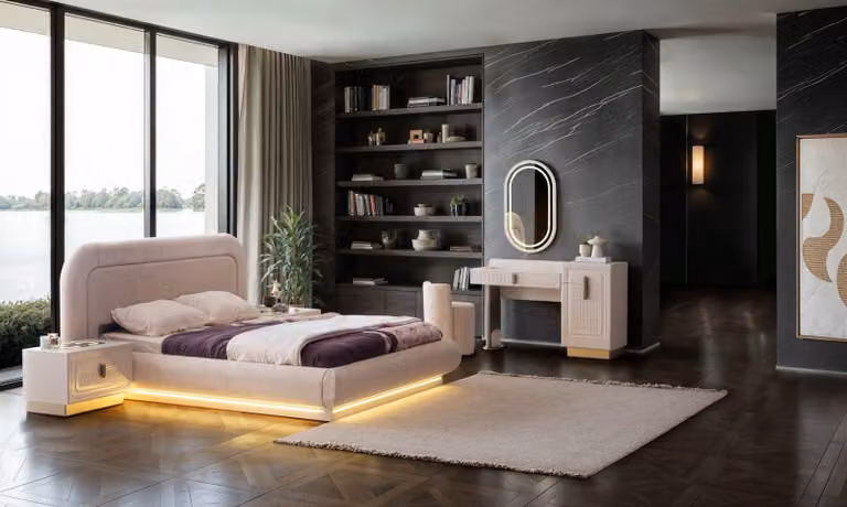 Designer Bett Set mit Nachttisch und Schminktisch mit Spiegel für Schlafzimmer