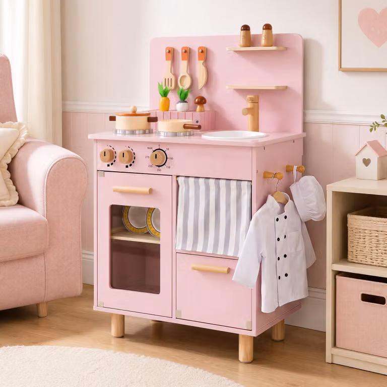 Cucina giocattolo in legno Costway per bambini con accessori e cibo finto, colore rosa