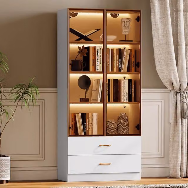 Mobile bagno alto WISHDOR bianco in MDF con ante in vetro temperato, vani a giorno e illuminazione integrata