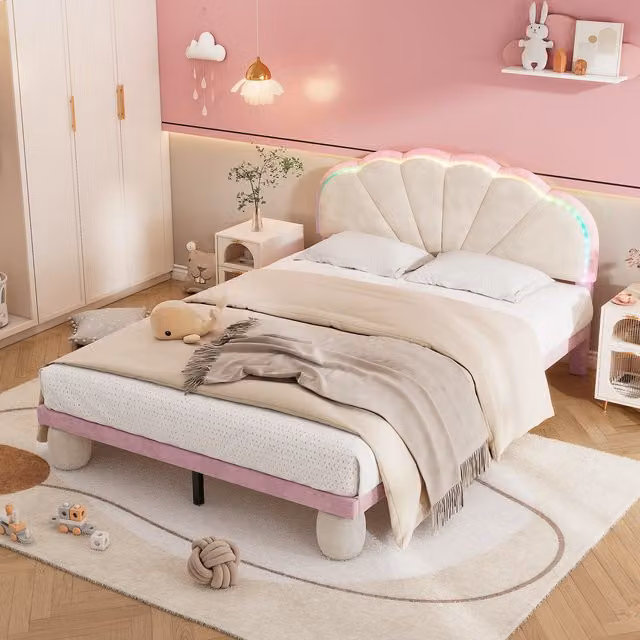 Letto imbottito Home Enjoy DE con strisce luminose sotto il letto e testiera ondulata, Bianco+Rosa, L: 140 cm, P: 200 cm