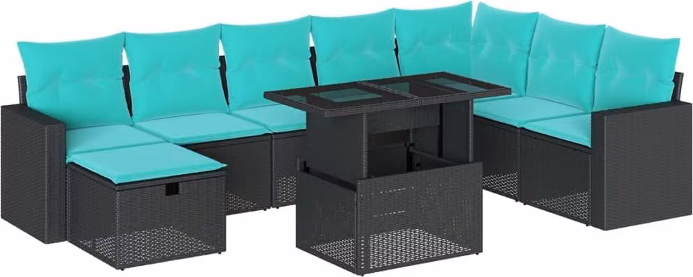 set di divani da giardino da 9 pezzi con cuscini, in polyrattan nero