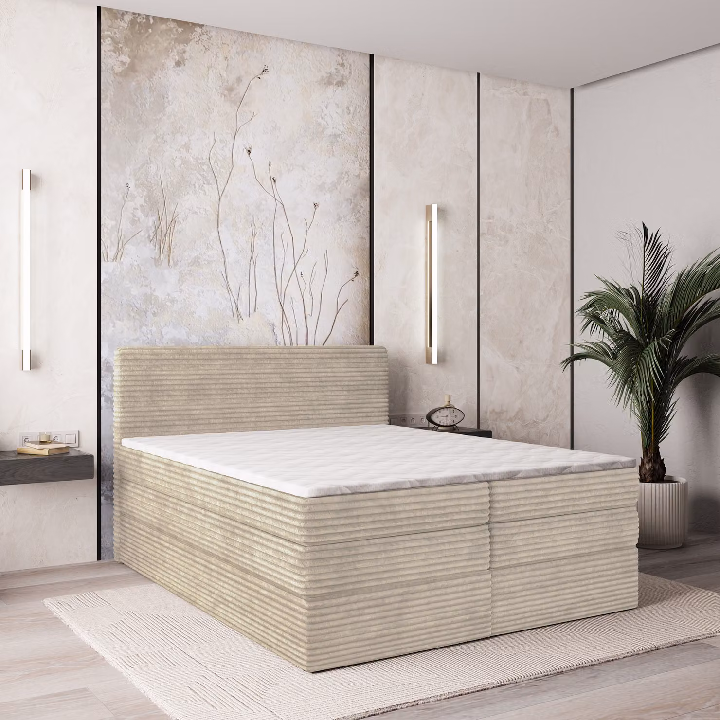 Letto a molle insacchettate Masseno LUNERA 160x200 cm completo di materasso bonell e topper, letto imbottito con cassettiera - crema, TILIA 03