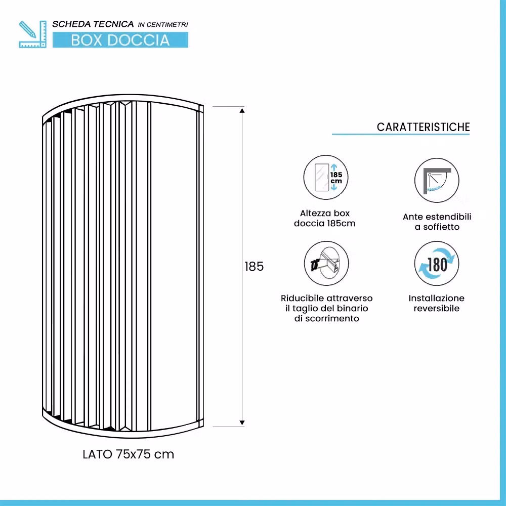 Box doccia a soffietto Teti con apertura laterale e chiusura calamitata, forma quadrante circolare, colore bianco frosted, L/P: 75 x 75 cm, H: 185 cm – 2