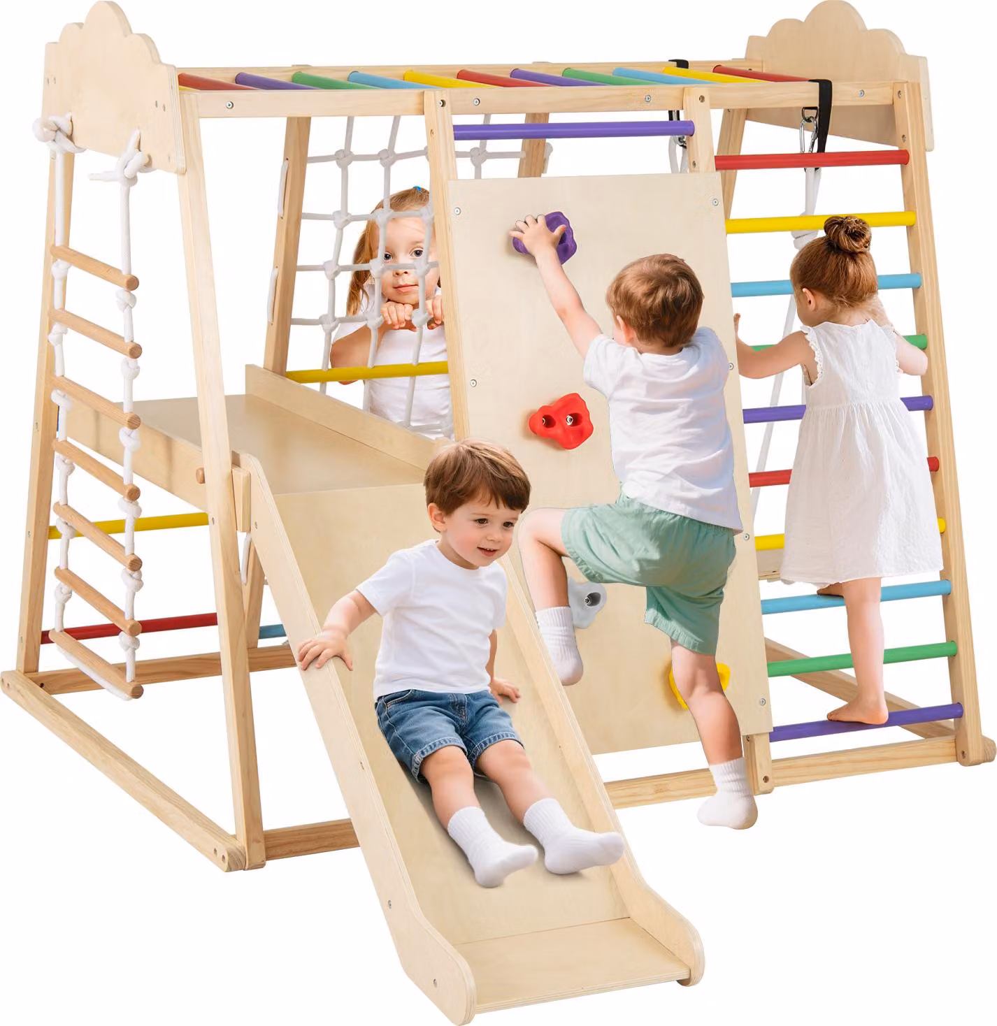 COSTWAY struttura per arrampicata, triangolo per arrampicata 8 in 1 con altalena, rete per arrampicata, scivolo, roccia per arrampicata, barre per scimmie, scala di corda e piattaforma per bambini 3+colorati