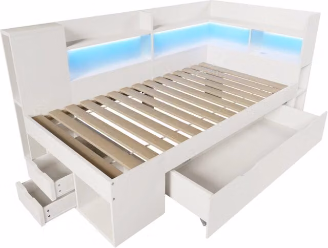 Letto Giorno 90x200 cm Bianco in Legno con LED, USB e Porta di Ricarica Tipo-C, Cassetti e Mensole, Incluso Materasso e Rete a Doghe