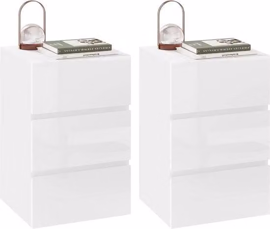 Set di 2 comodini moderni con 3 ripiani in finitura alta - Bianco - Tavolo multifunzionale per la camera da letto e il soggiorno - 40 x 35 x 62 cm
