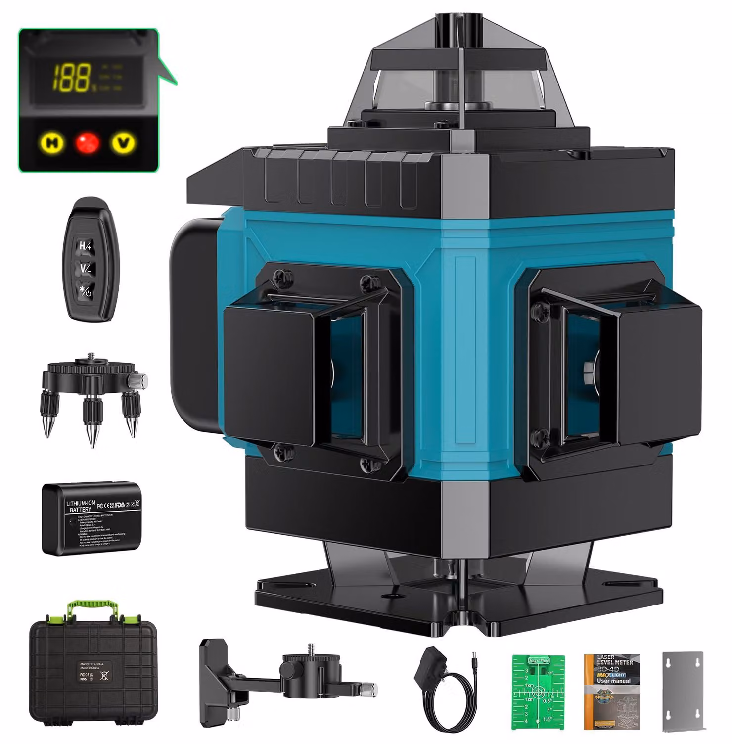 Livella laser a croce blu, 16 linee. Livella laser a 360°, 4 linee per asse. Livella laser a bolla