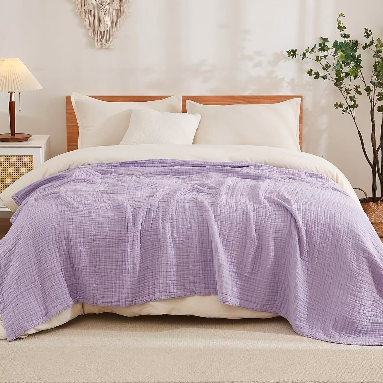 Coperta in cotone mussola, matrimoniale, 274 x 229 cm, color lavanda, leggera, traspirante, adatta per tutto l'anno