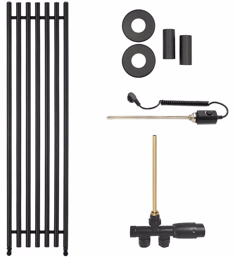 CERANO - Set radiatore da bagno Valerio - riscaldamento combinato, barra termica - attacco laterale a punto singolo - 872 W - nero opaco - 1560 x 390 mm