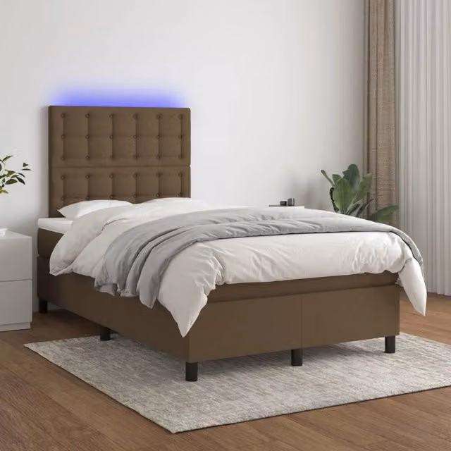Letto con Materasso a Molle vidaXL con Illuminazione LED e Porta USB, Tessuto Marrone e Bianco, L/P: 120 x 200 cm