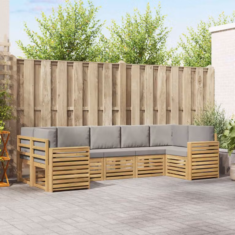 vidaXL Set di divani da esterno a L con cuscini, struttura in legno di acacia e tessuto bianco e grigio