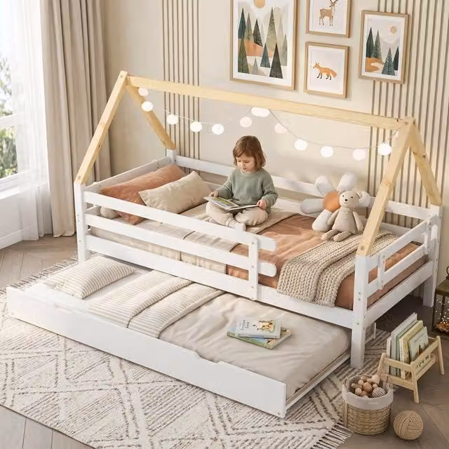 Letto a casetta singolo con letto estraibile su ruote; 90x200 cm; bianco e naturale