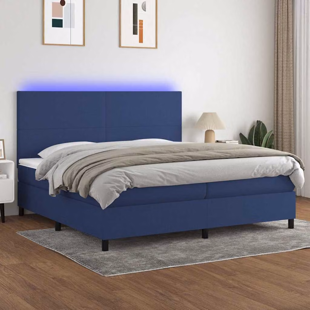 Letto Ibrido con Materasso e Illuminazione LED vidaXL in Tessuto Blu e Bianco L/P: 200 x 200 cm – 1