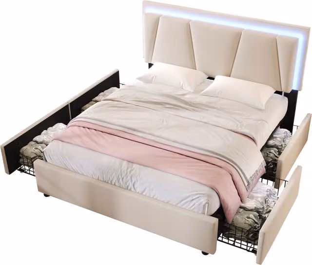 Letto contenitore matrimoniale 160 × 200 cm con 4 cassetti, LED e testiera regolabile, materasso incluso, beige