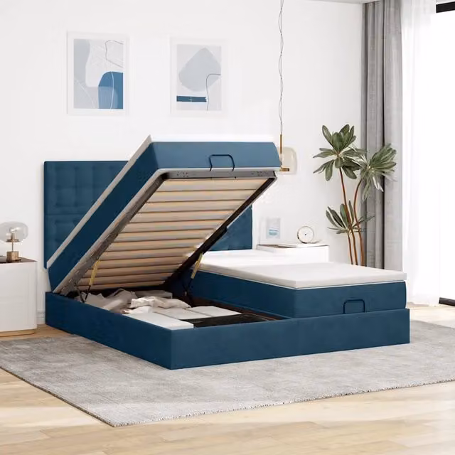 Letto con contenitore a sollevamento vidaXL in velluto blu e bianco con illuminazione sottostante e porta USB L/P/H: 203 x 180 x 128 cm – 1