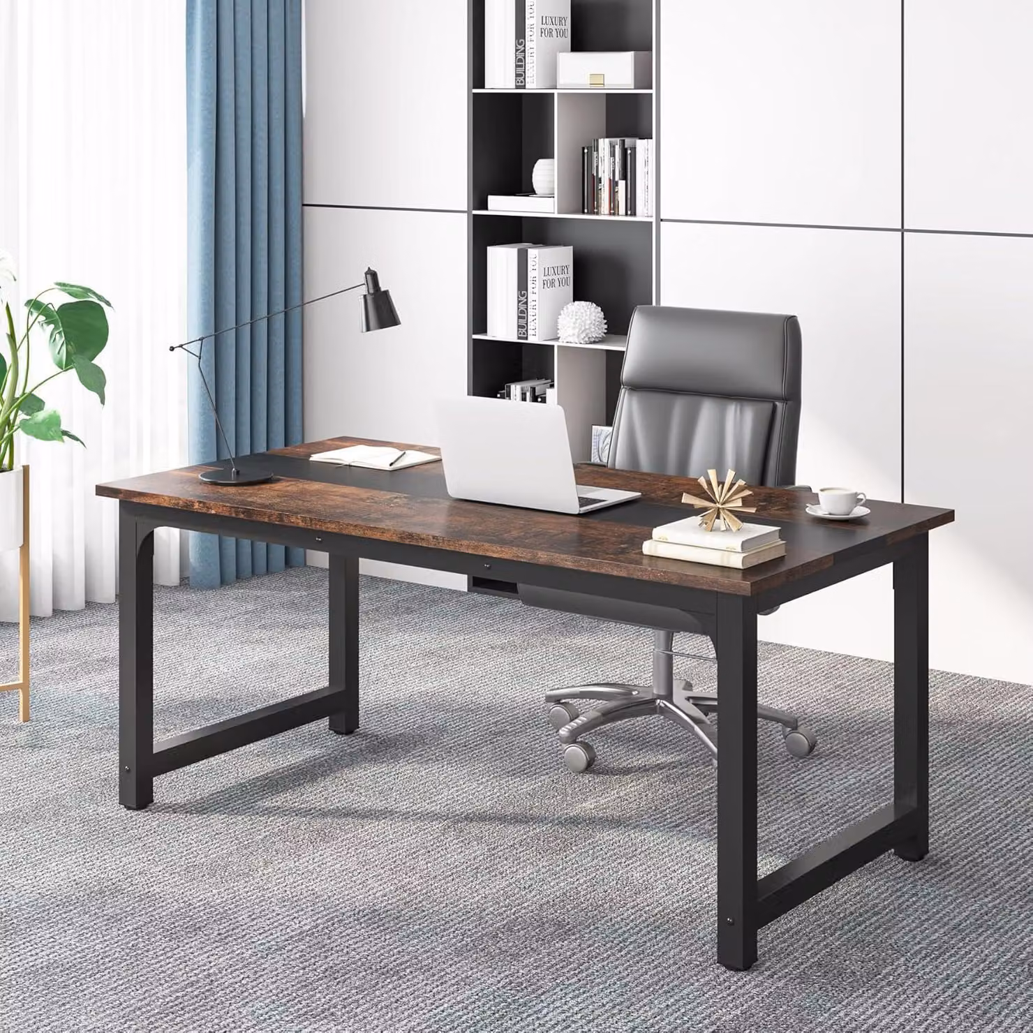 Scrivania moderna per computer con gambe in metallo e finitura effetto legno, ideale per l'ufficio, dimensioni 160 x 80 cm