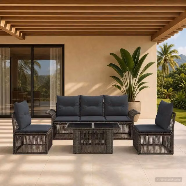 Set Divano da Giardino 6 Pezzi vidaXL in Polyrattan Grigio e Antracite con Cuscini e Tavolino da Esterno
