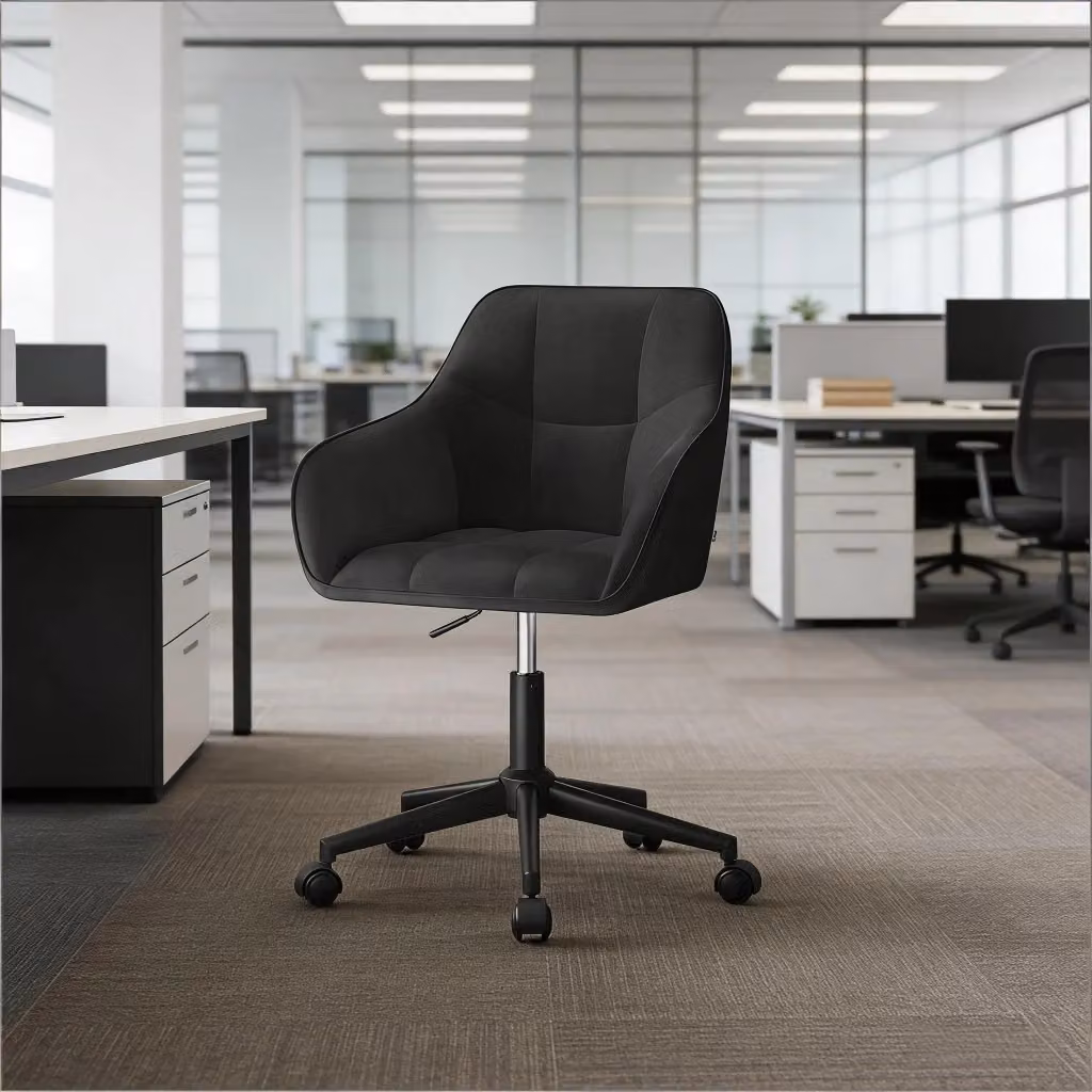 Sedia ergonomica girevole WISHDOR in velluto nero con base in metallo e ruote, ideale per ufficio e casa – 2