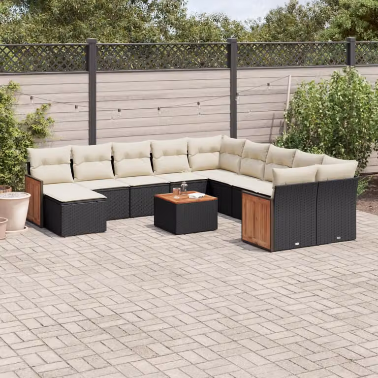 vidaXL Set Divani da Giardino 12 pz in Polyrattan Nero con Cuscini e Tavolino da Esterno