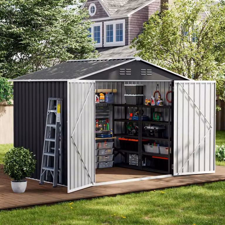 Capanno da giardino in metallo, volume di 7 m³, tetto a falda, dimensioni 250x184x193 cm, colore grigio scuro, acciaio zincato, porta con serratura