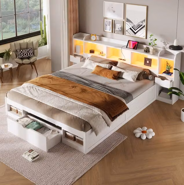 Letto a piattaforma bianco 180x200 cm con testiera e pediera contenitore, LED integrato e 3 cassetti