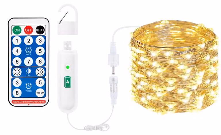 Catena luminosa a LED, 10 metri, 100 LED, luce bianco caldo, con telecomando, timer e alimentazione USB