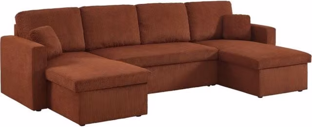 Divano letto panoramico a U in velluto a coste arancione con contenitore e cuscini inclusi, 4 posti, SWEEEK