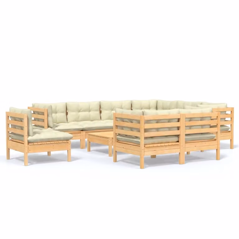 Set Divani da Giardino 10 pz con Cuscini Crema Massello di Pino
