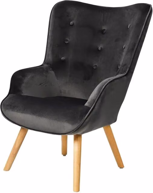 Poltrona da salotto in velluto grigio scuro con piedi in legno collezione ENJOY. Stile scandinavo
