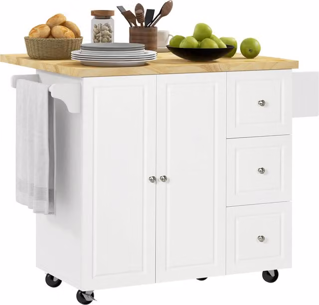 Isola da cucina HOMCOM bianca con piano di lavoro ribaltabile, 3 cassetti, armadio, porta asciugamani e porta spezie, L: 111,5 cm, P: 75 cm, H: 89 cm