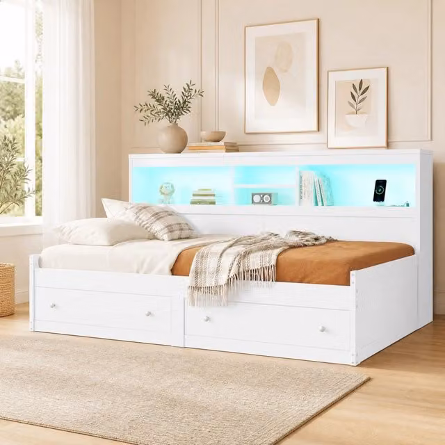 Letto Mivray moderno con cassetti, porte USB, illuminazione LED e rete a doghe, colore bianco, L/P/H: 203 x 90 x 115 cm
