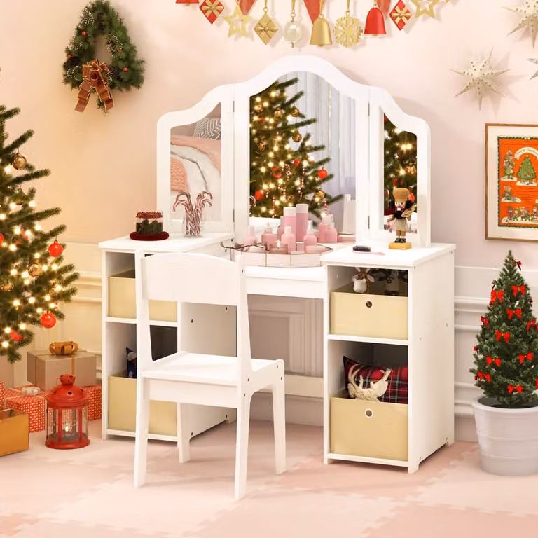 Set da gioco principessa Costway con toeletta da trucco, sgabello e 3 specchi rimovibili, colore bianco