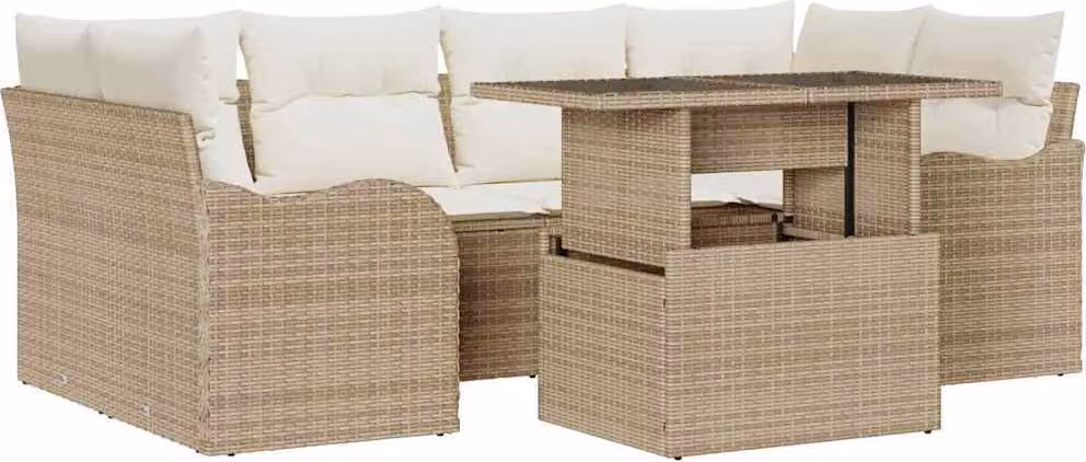 Set Divano da Giardino con cuscino 7 pcs Beige Poly Rattan