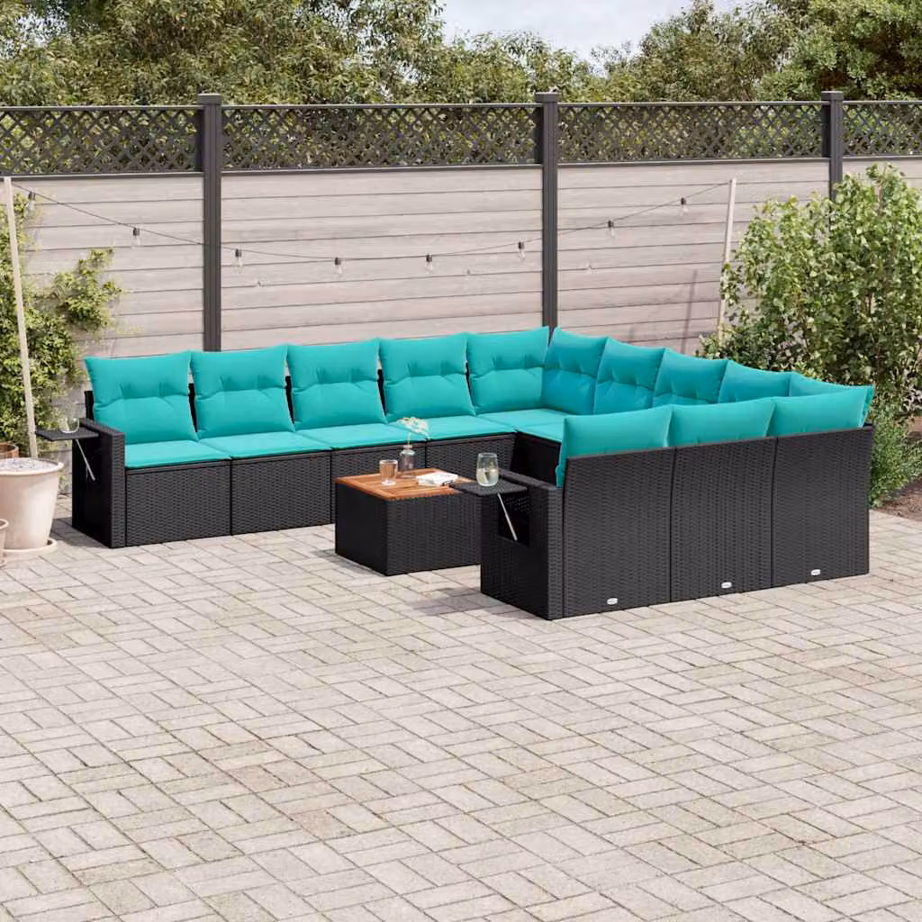Set di divani da giardino vidaXL in polyrattan nero con cuscini e tavolino da esterno a forma di U