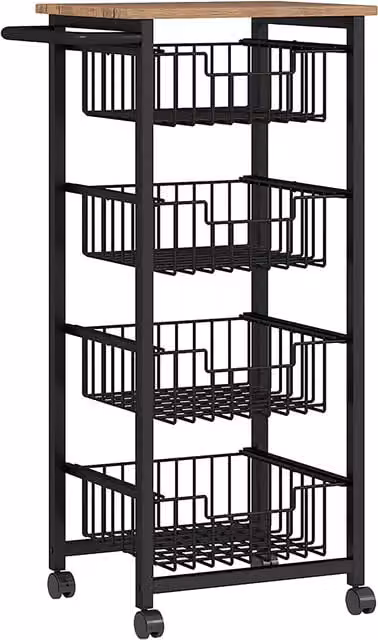 Carrello da cucina HOMCOM in stile industriale con 4 cestini estraibili, ruote con freni, in acciaio e legno, colore rovere, L: 49.5 cm, P: 31 cm, H: 91 cm
