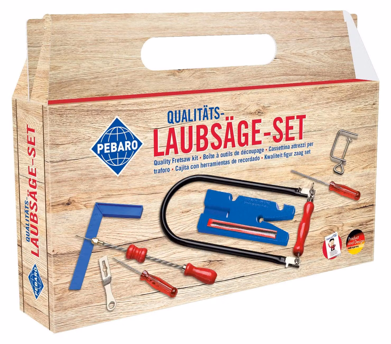 Set per intaglio, in confezione di cartone con maniglia, composto da 15 pezzi, set completo con arco per intaglio